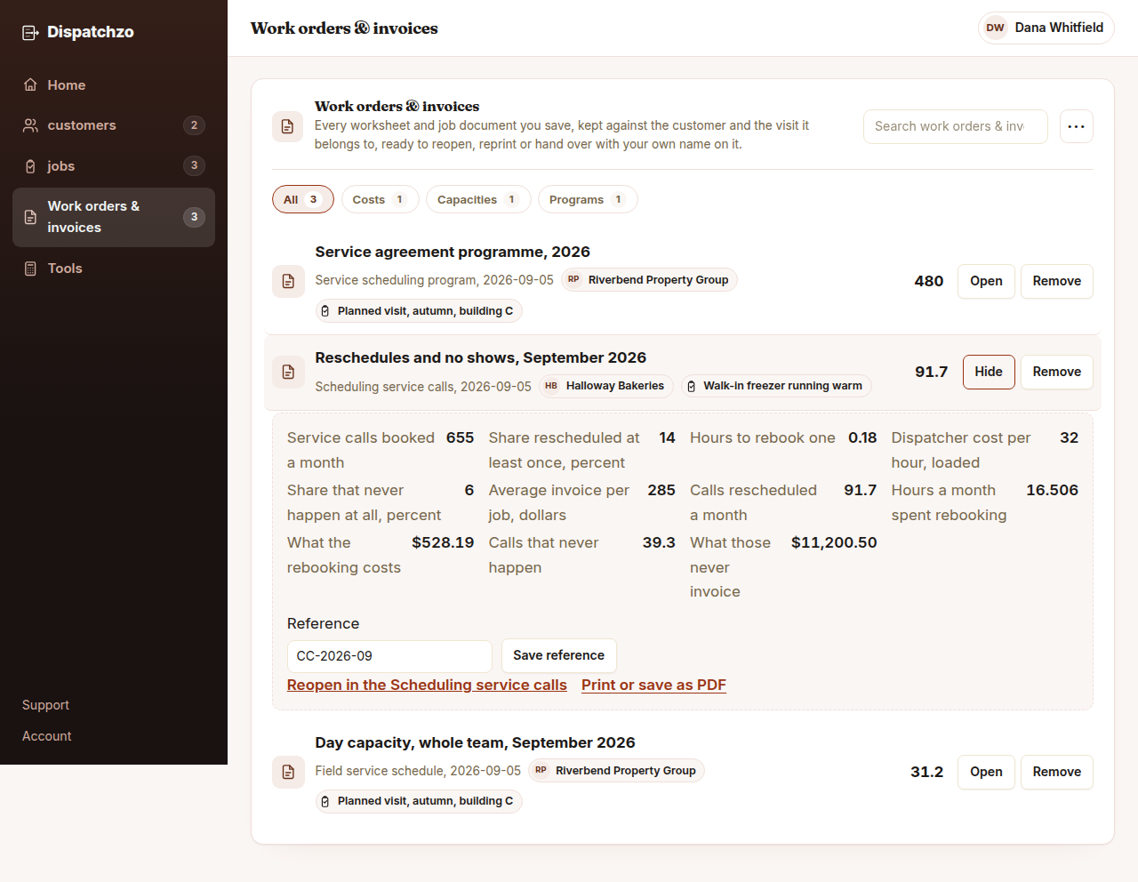 The Dispatchzo workspace showing a saved call cost sheet for 655 service calls a month