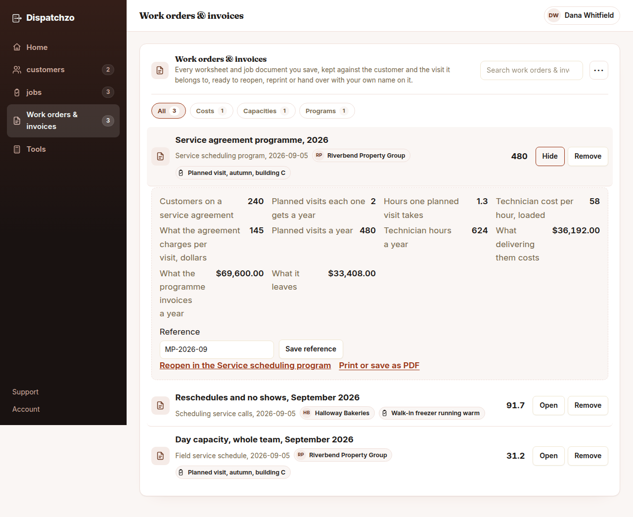The Dispatchzo workspace showing a saved maintenance programme sheet for 240 service agreements